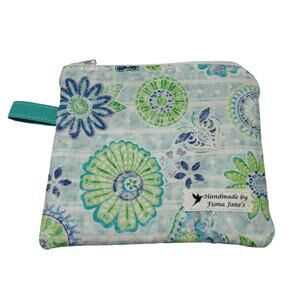 NEW Handmade Wrist Top Zip Pouch Wallet Blues and Greens Boho 5 1/4"x6"